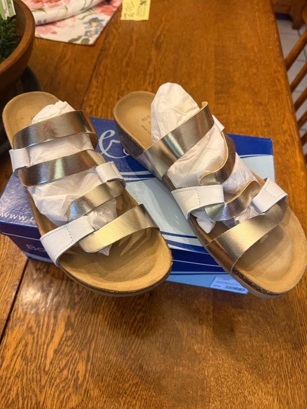 Bos. & Co. Metallic Gold and White Triple-Strap Sandals